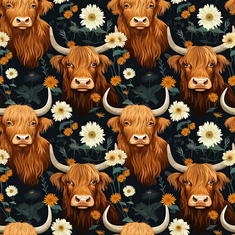 Floral Highland Cows Pattern 2 Fabric - ineedfabric.com