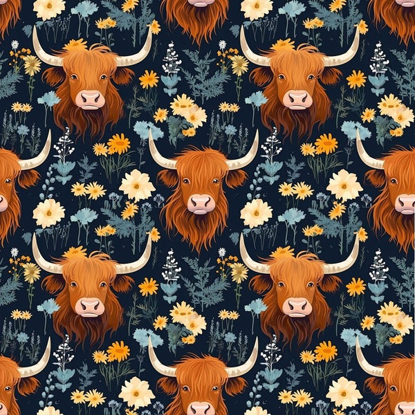 Floral Highland Cows Pattern 3 Fabric - ineedfabric.com