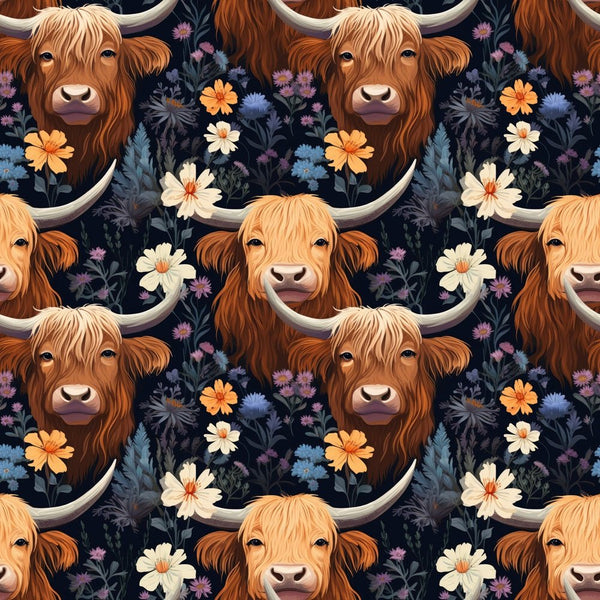Floral Highland Cows Pattern 4 Fabric - ineedfabric.com