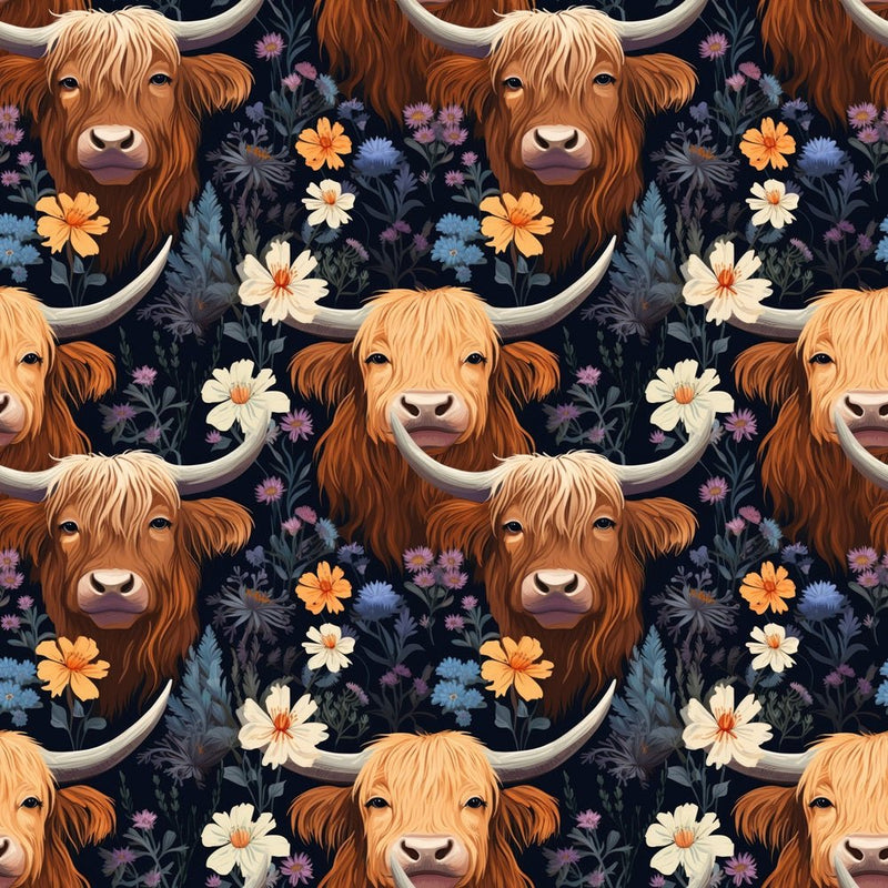 Floral Highland Cows Pattern 4 Fabric - ineedfabric.com