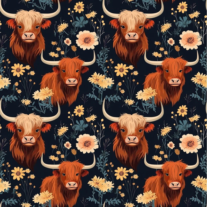 Floral Highland Cows Pattern 5 Fabric - ineedfabric.com