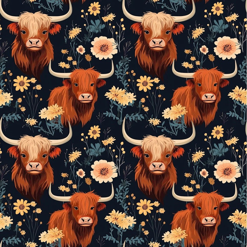 Vintage Highland Cows & Flowers 5 Fabric