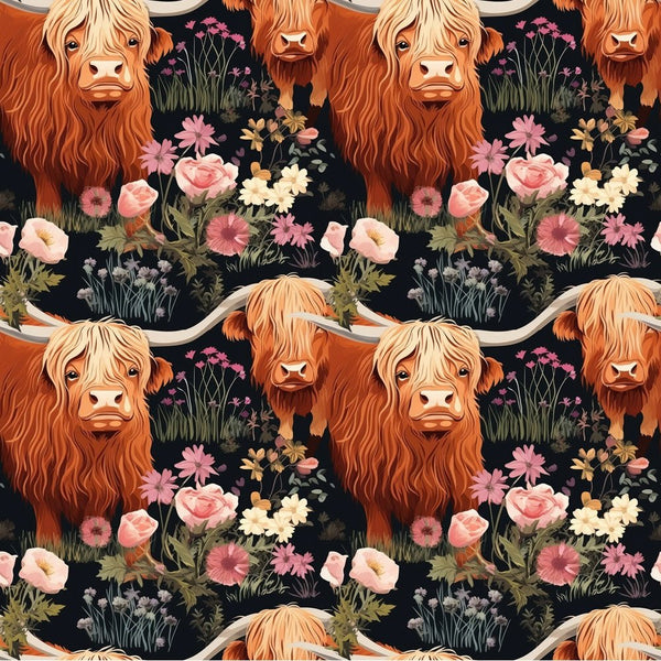 Floral Highland Cows Pattern 6 Fabric - ineedfabric.com