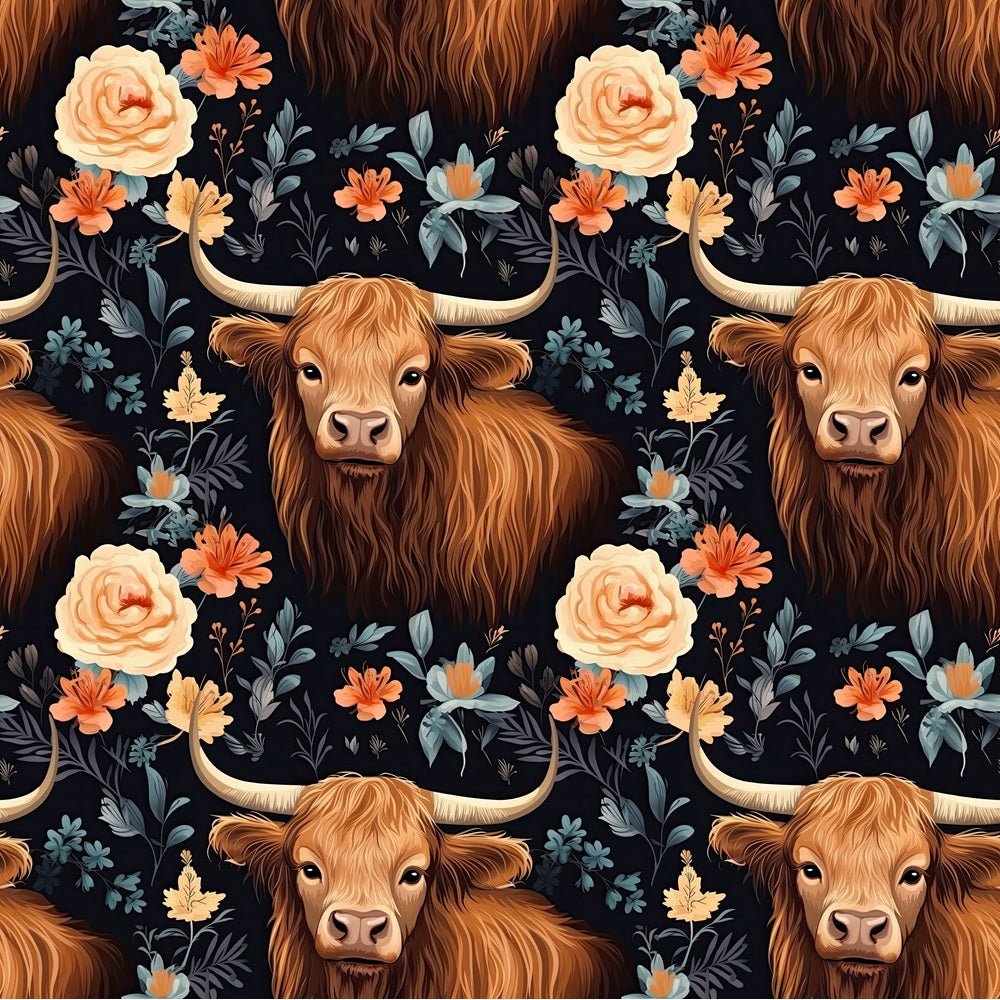 Legacy Creations Highland Cows Pattern 5 Fabric White Canvas / Yard