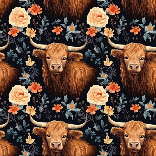 Floral Highland Cows Pattern 7 Fabric - ineedfabric.com