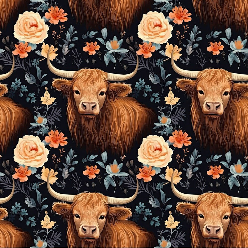 Floral Highland Cows Pattern 7 Fabric - ineedfabric.com