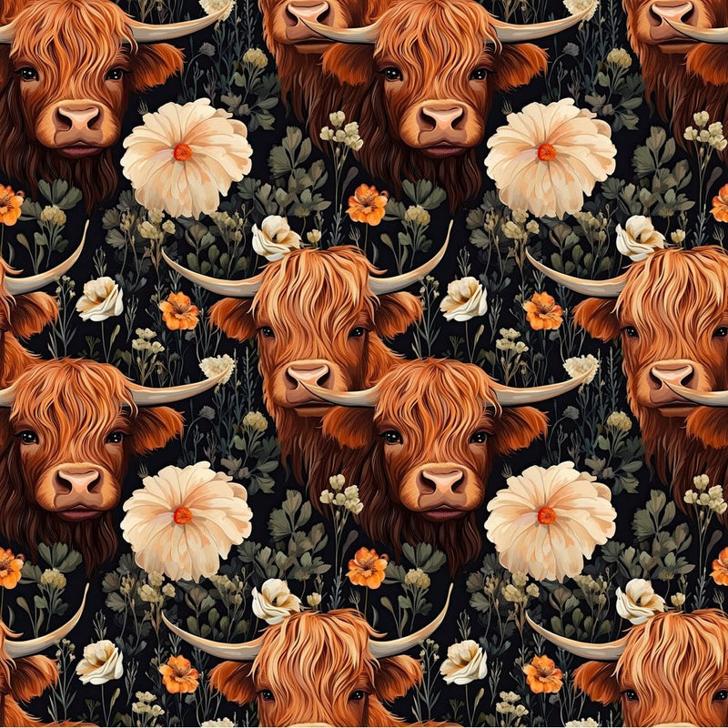 Floral Highland Cows Pattern 8 Fabric - ineedfabric.com