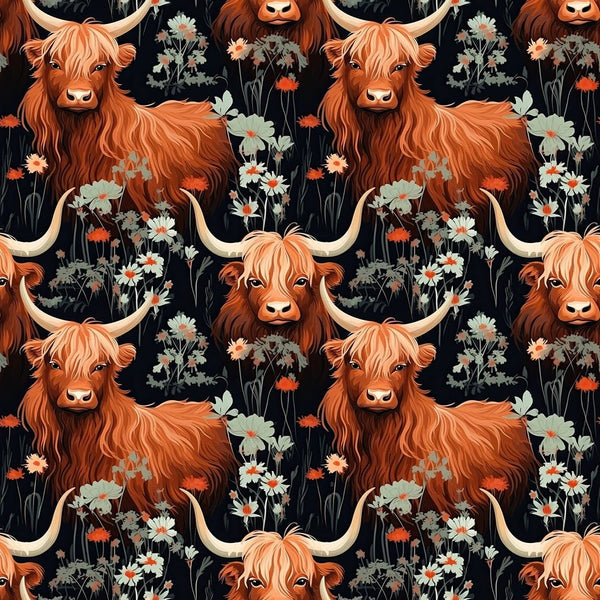 Floral Highland Cows Pattern 9 Fabric - ineedfabric.com