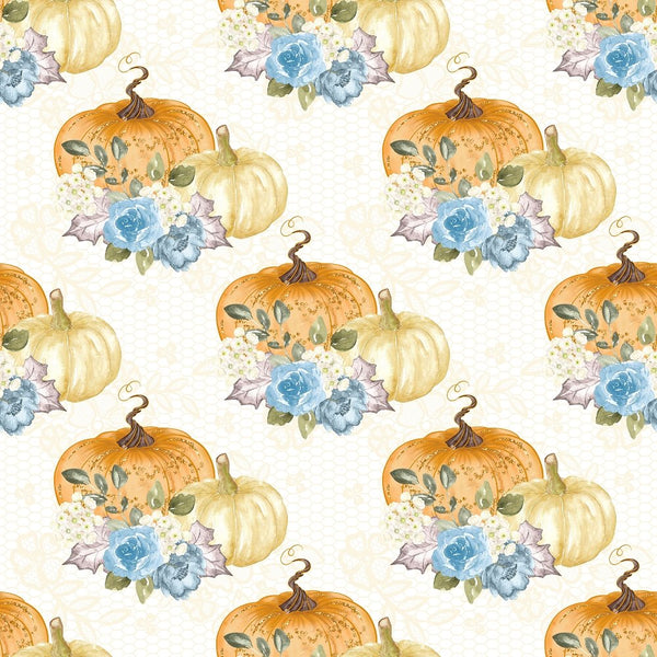 Floral Pumpkins & Lace Fabric - White - ineedfabric.com