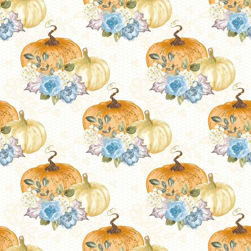 Floral Pumpkins & Lace Fabric - White - ineedfabric.com