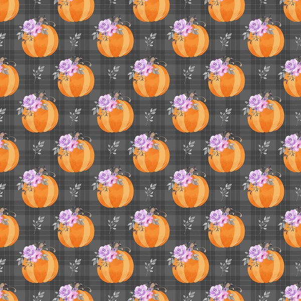 Floral Pumpkins on Buffalo Plaid Fabric - Black - ineedfabric.com