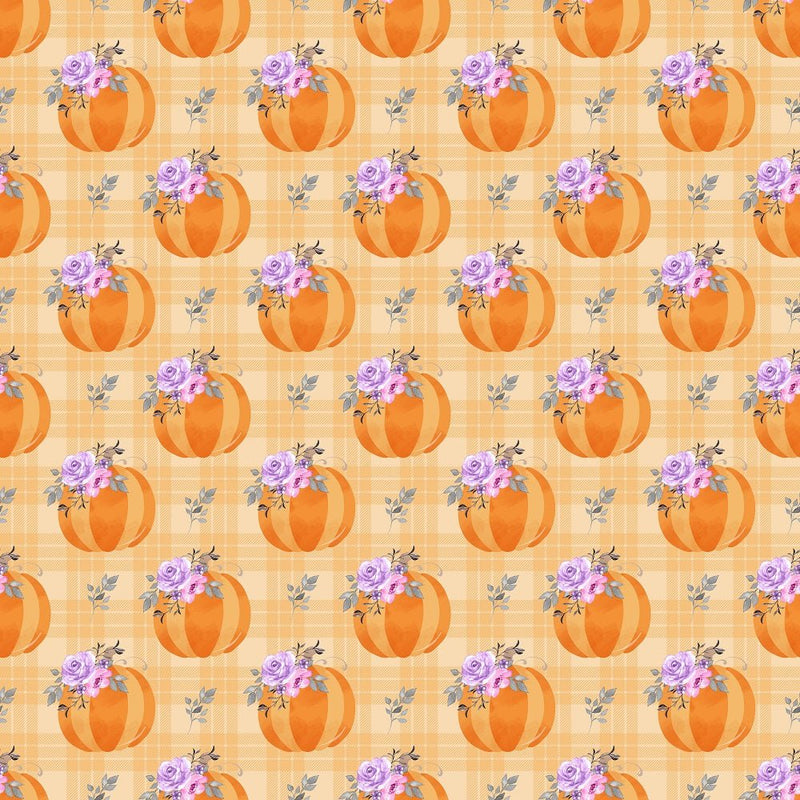 Floral Pumpkins on Buffalo Plaid Fabric - Orange - ineedfabric.com