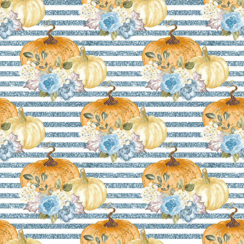 Floral Pumpkins & Stripes Fabric - Blue - ineedfabric.com