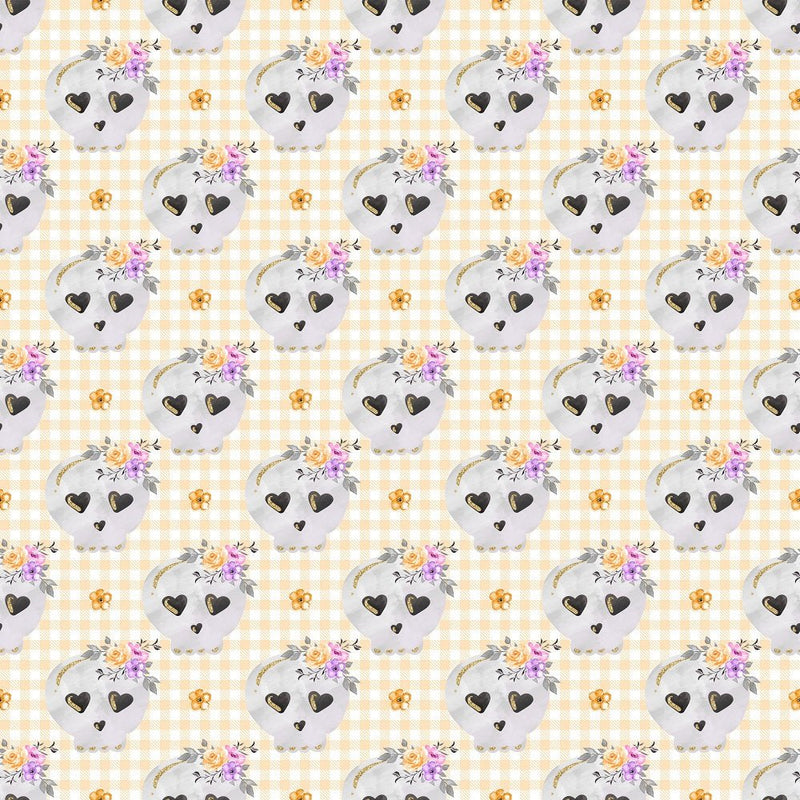 Floral Skull on Plaid Fabric - Orange - ineedfabric.com