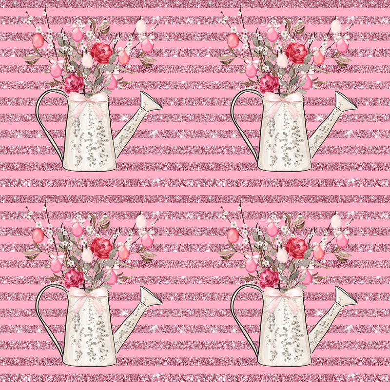 Floral Watering Pot & Stripes Fabric - Pink - ineedfabric.com