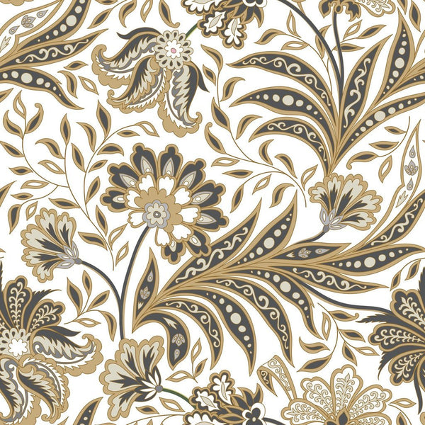 Flourish Oriental Flowers Fabric - White - ineedfabric.com
