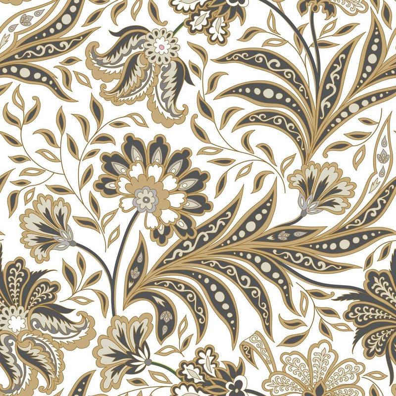 Flourish Oriental Flowers Fabric - White - ineedfabric.com