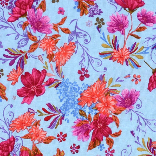 Flower Garden, Floral Fabric - Pastel Blue - ineedfabric.com