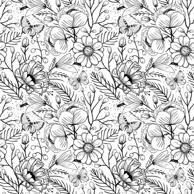 Flowers and Butterflies Fabric - Black/White - ineedfabric.com