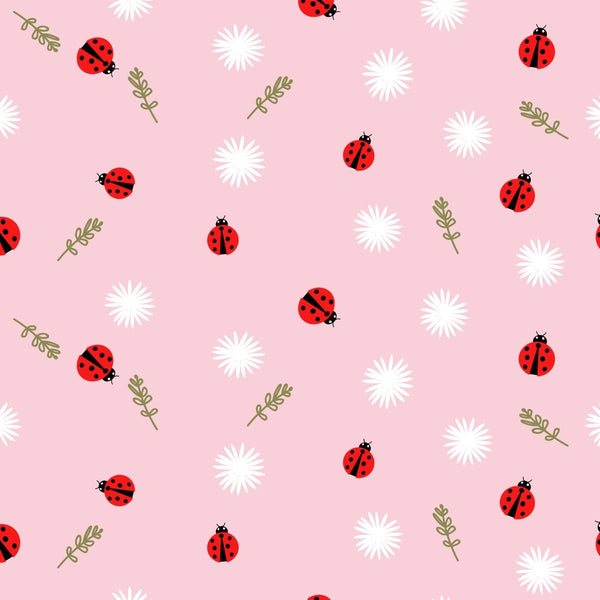 Flowers And Ladybug Fabric - Pink - ineedfabric.com