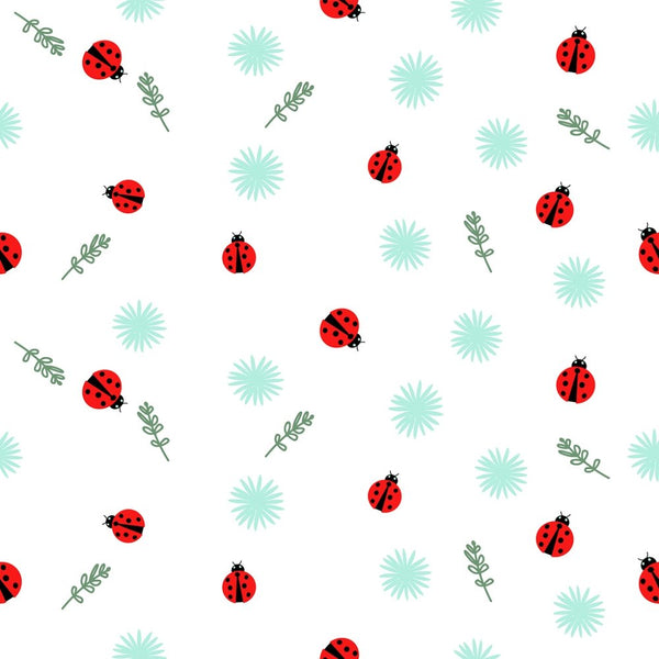 Flowers And Ladybug Fabric - White - ineedfabric.com