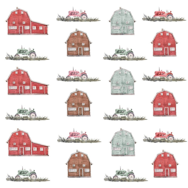 Fluffy Animals on the Farm Barns and Tractors Fabric - White - ineedfabric.com