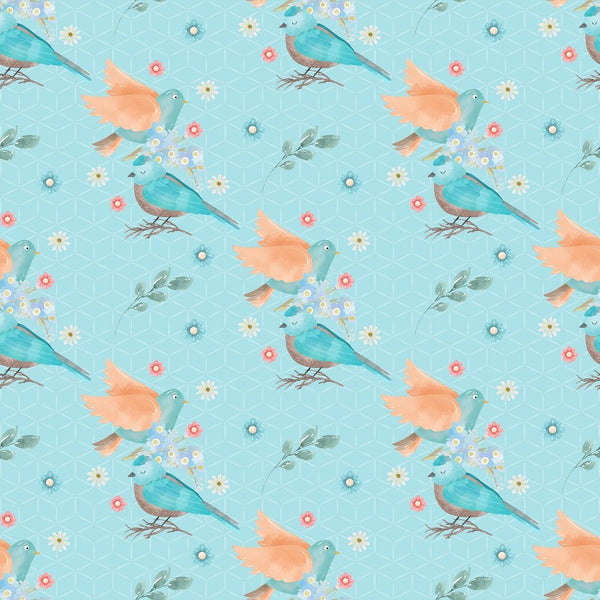 Flying Birds & Flowers Fabric - Blue - ineedfabric.com