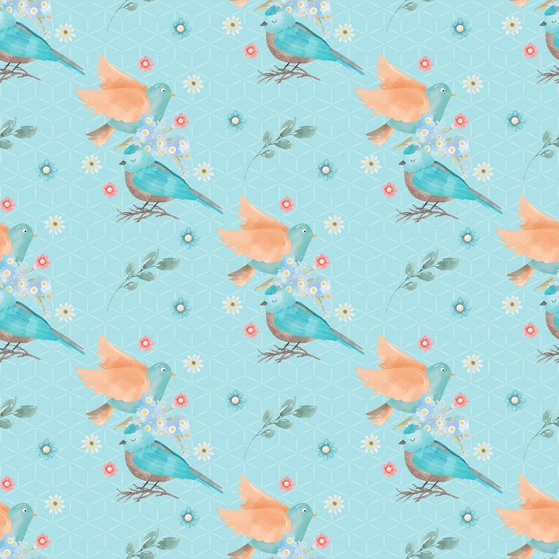 Flying Birds & Flowers Fabric - Blue - ineedfabric.com