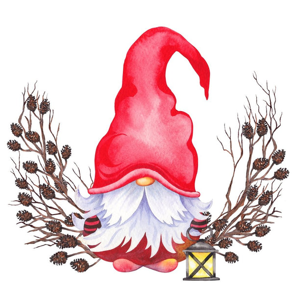 Forest Gnome With Pine Wreath Fabric Panel - White - ineedfabric.com