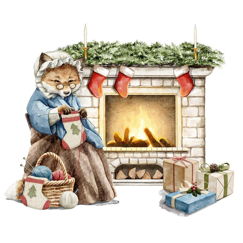Fox Knitting Christmas Socks By Fireplace Fabric Panel - ineedfabric.com