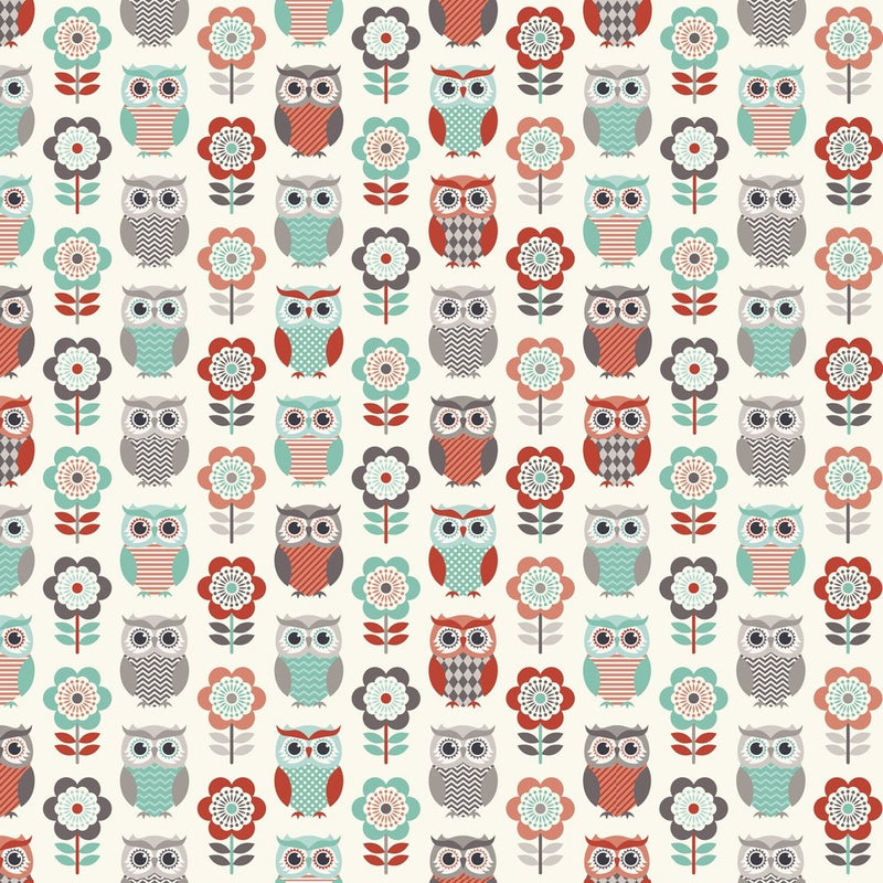 Geometric Owl And Flower Fabric -Multi - ineedfabric.com
