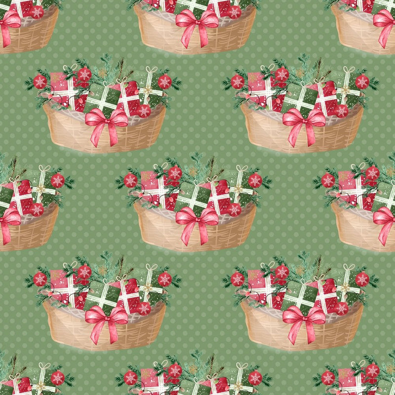 Gift Baskets on Polka Dot Fabric - Green - ineedfabric.com