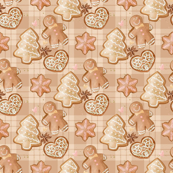 Gingerbread Cookies On Plaid Fabric - Brown - ineedfabric.com