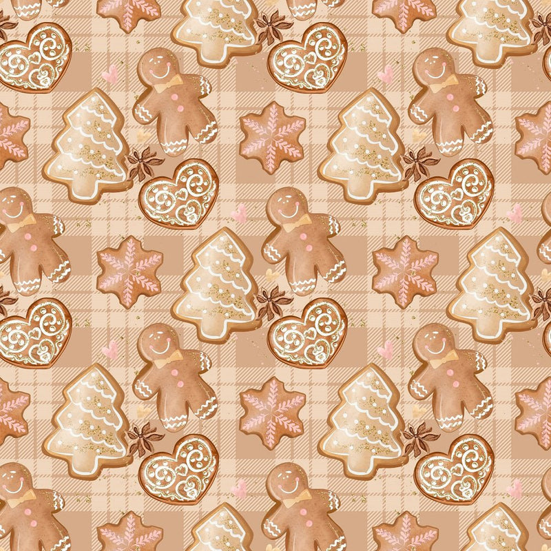 Gingerbread Cookies On Plaid Fabric - Brown - ineedfabric.com