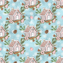 Gingerbread House on Dots Fabric - Blue - ineedfabric.com