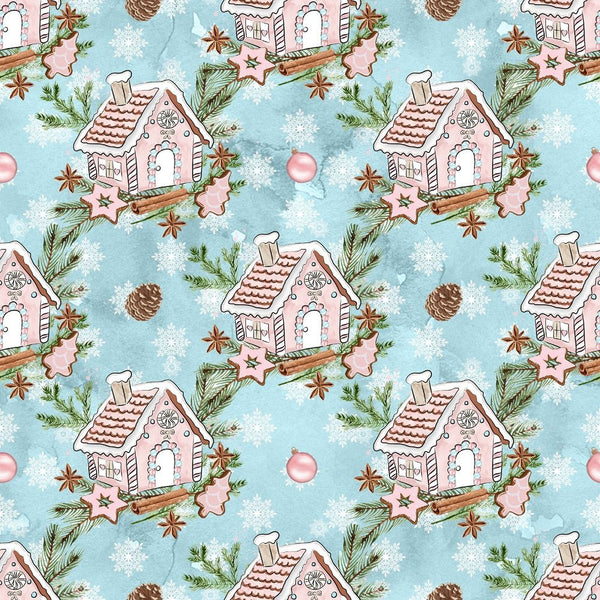 Gingerbread House on Dots Fabric - Blue - ineedfabric.com