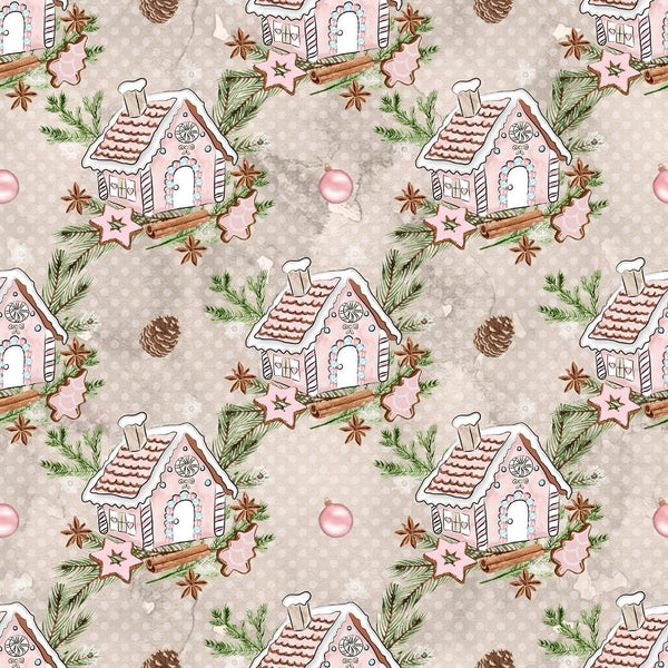 Gingerbread House on Dots Fabric - Tan - ineedfabric.com