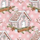 Gingerbread Houses on Snowflakes Fabric - Pink - ineedfabric.com