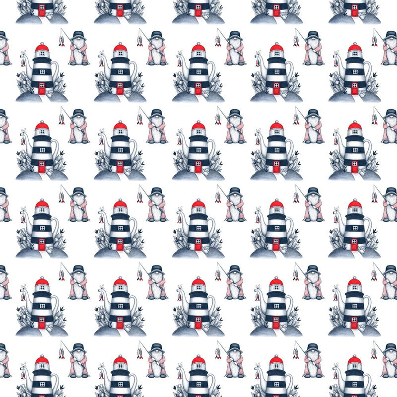 Gnome At Sea Fabric - White - ineedfabric.com