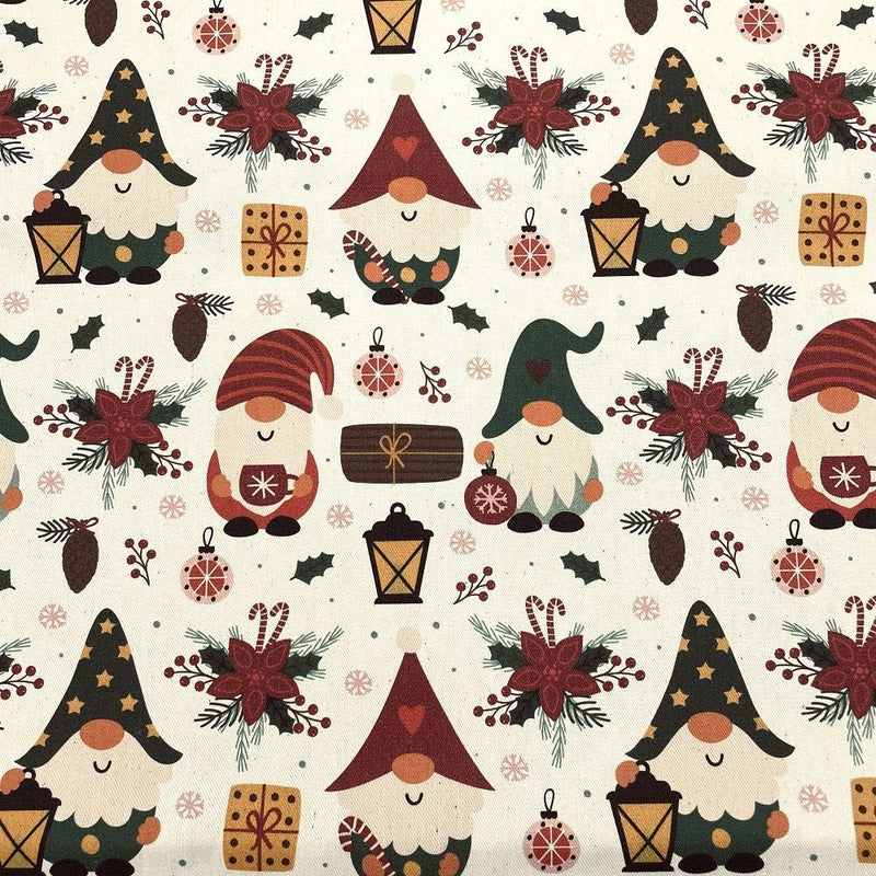 Fun Sewing Gnome Christmas Party Fabric - White Quilting Cotton / Large Print / Yard