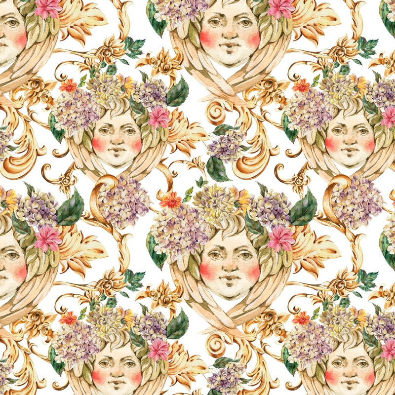 Golden Baroque Angel & Hydrangeas Fabric - ineedfabric.com