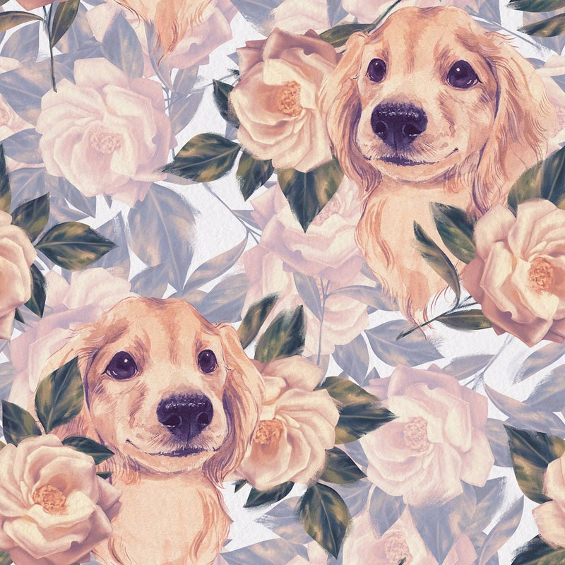 Golden Puppy and Golden Flowers Fabric - ineedfabric.com