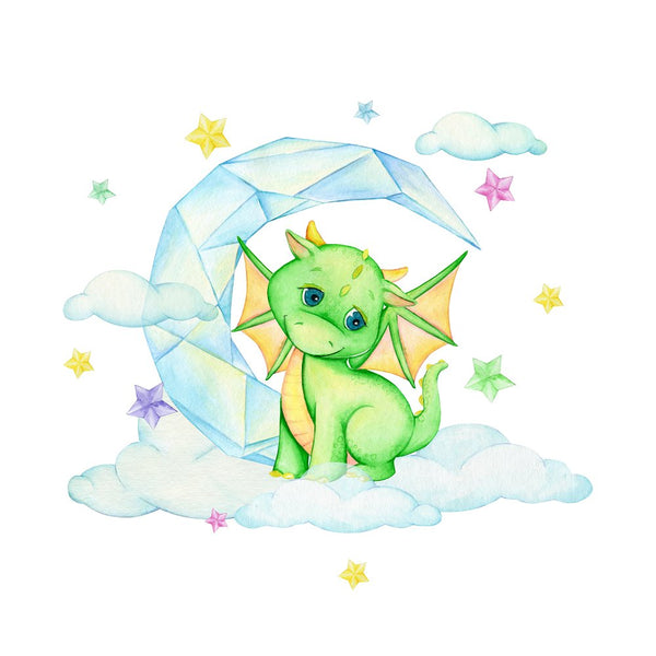 Green Baby Dragon on Crystal Moon & Clouds Fabric Panel - ineedfabric.com