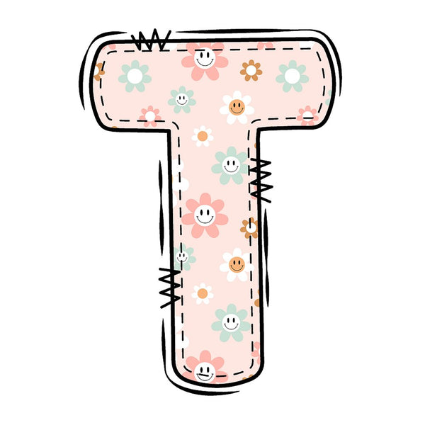 Groovy Doodle Smiley Flowers ''T'' Fabric Panel - ineedfabric.com