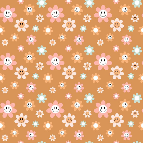 Groovy Smiley Flowers Fabric - Brown - ineedfabric.com