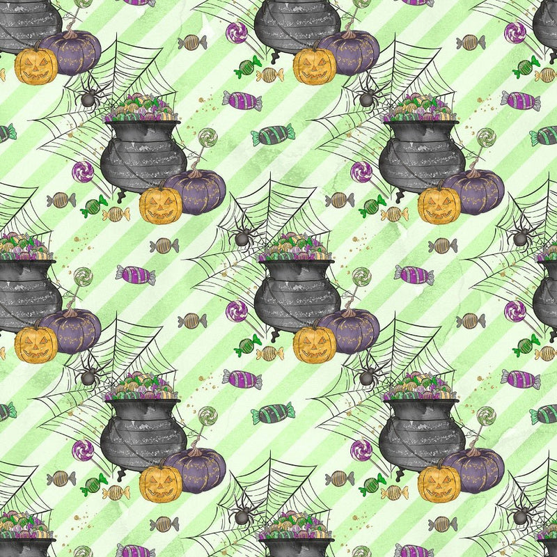 Halloween Candy Elements on Diagonal Stripes Fabric - Green - ineedfabric.com