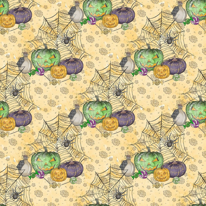 Halloween Candy Elements on Floral Fabric - Orange - ineedfabric.com