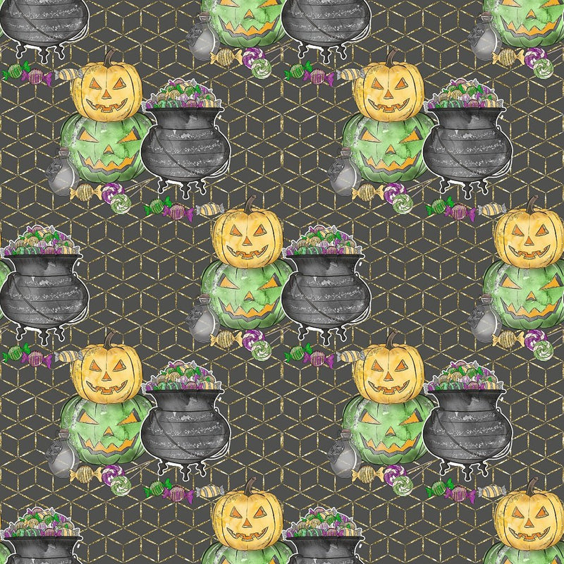 Halloween Candy Elements on Trellis Fabric - Black - ineedfabric.com