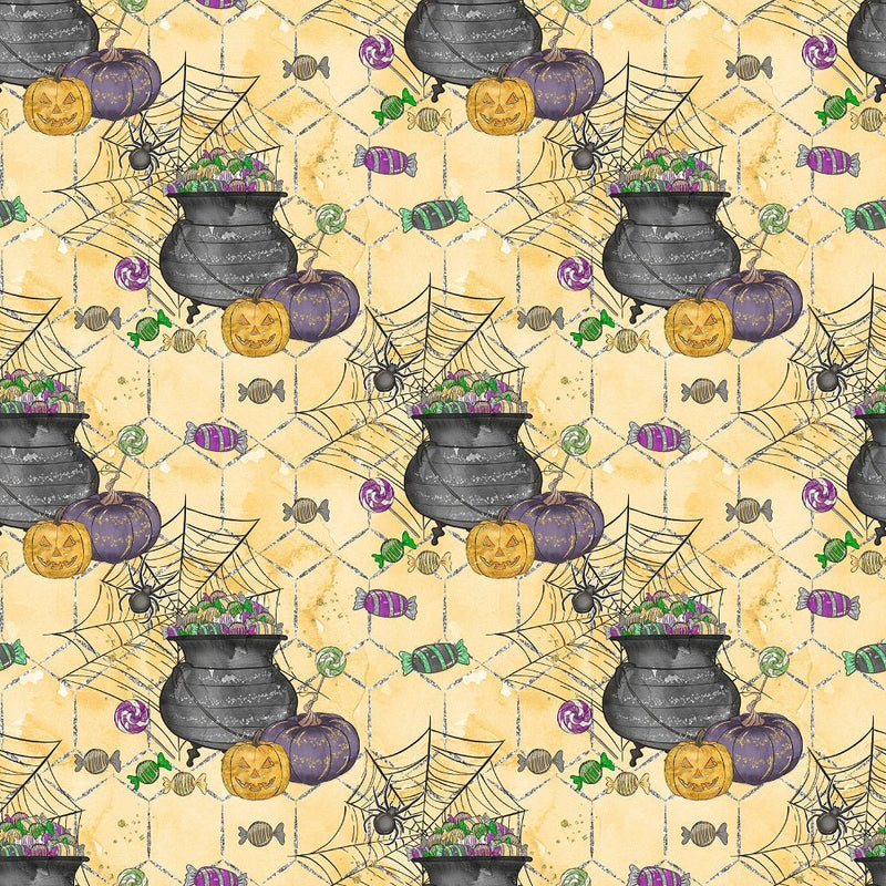 Halloween Candy Elements on Trellis Fabric - Orange - ineedfabric.com