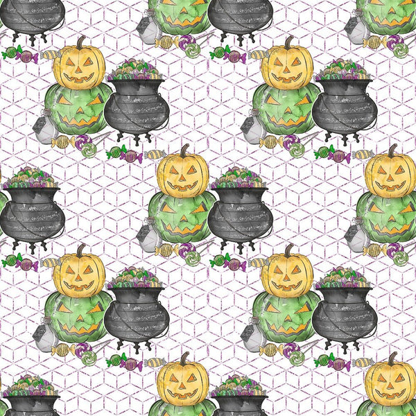 Halloween Candy Elements on Trellis Fabric - White - ineedfabric.com